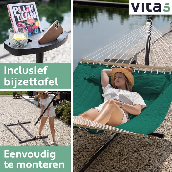 Vita5 Hangmat met Standaard en Spreidstok – 2 Persoons – incl. Bekerhouder - Afneembaar kussen – uv-bestendig – Groen