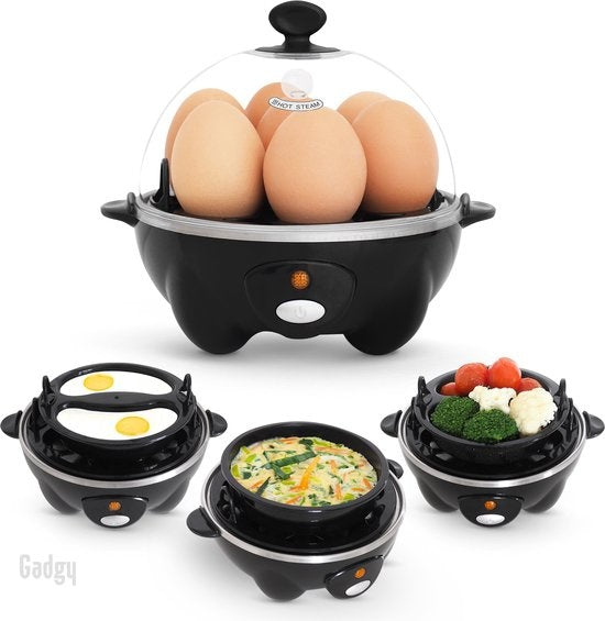 Gadgy Eierkoker Elektrisch 3-delige set - Vaatwasbestendig - Inclusief Maatbeker - Zwart -  330 Watt - 18.7x18.7x16 cm
