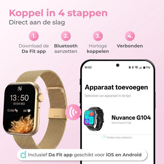 Nuvance Smartwatch Dames - Stappenteller Horloge Dames - Hartslagmeter - Sporthorloge - Geschikt voor iOS/Android - AMOLED - Incl. 5 Bandjes - Goud