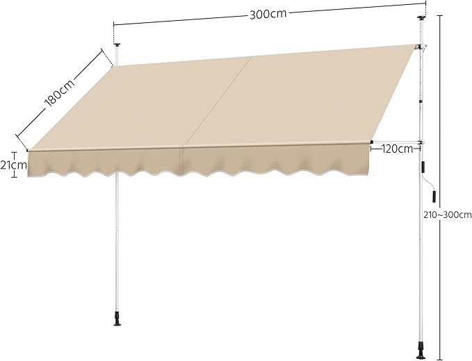 Yaheetech Klemzonnescherm Beige – Zonder Boren – Verstelbare Hoogte 210-300 cm – 300 x 120 cm