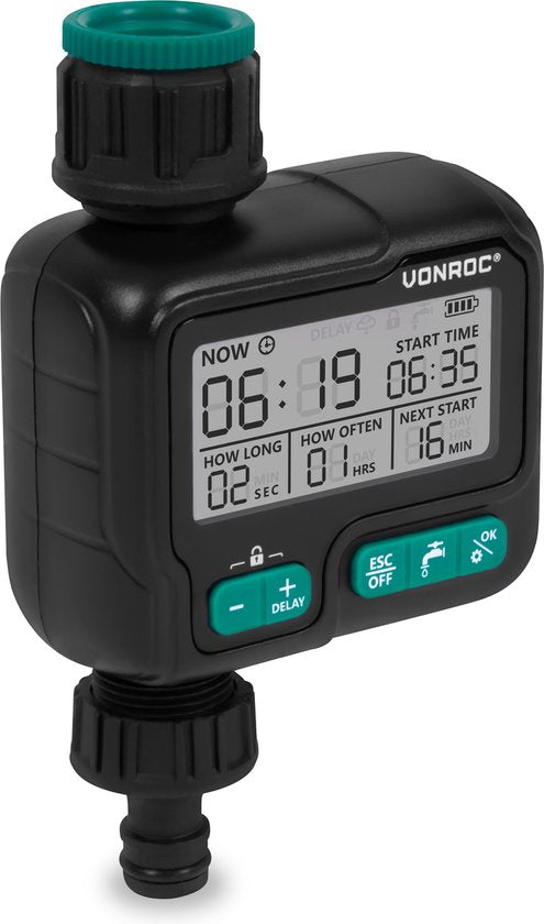 VONROC Watertimer - Besproeiingscomputer - digitaal - automatisch irrigatiesysteem – ruim instelbare interval en duur: 1uur tot 15 dagen/ 1sec tot 99min – IPX5 waterbestendig