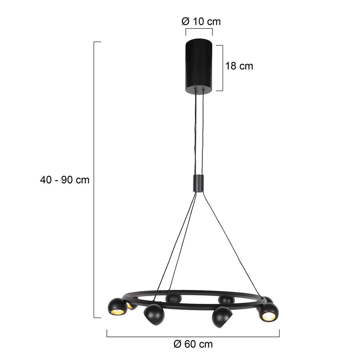 8-lichts zwarte ronde hanglamp Marcadore ø60 cm - Draaibaar, in hoogte verstelbaar, kunststof/metaal - Steinhauer