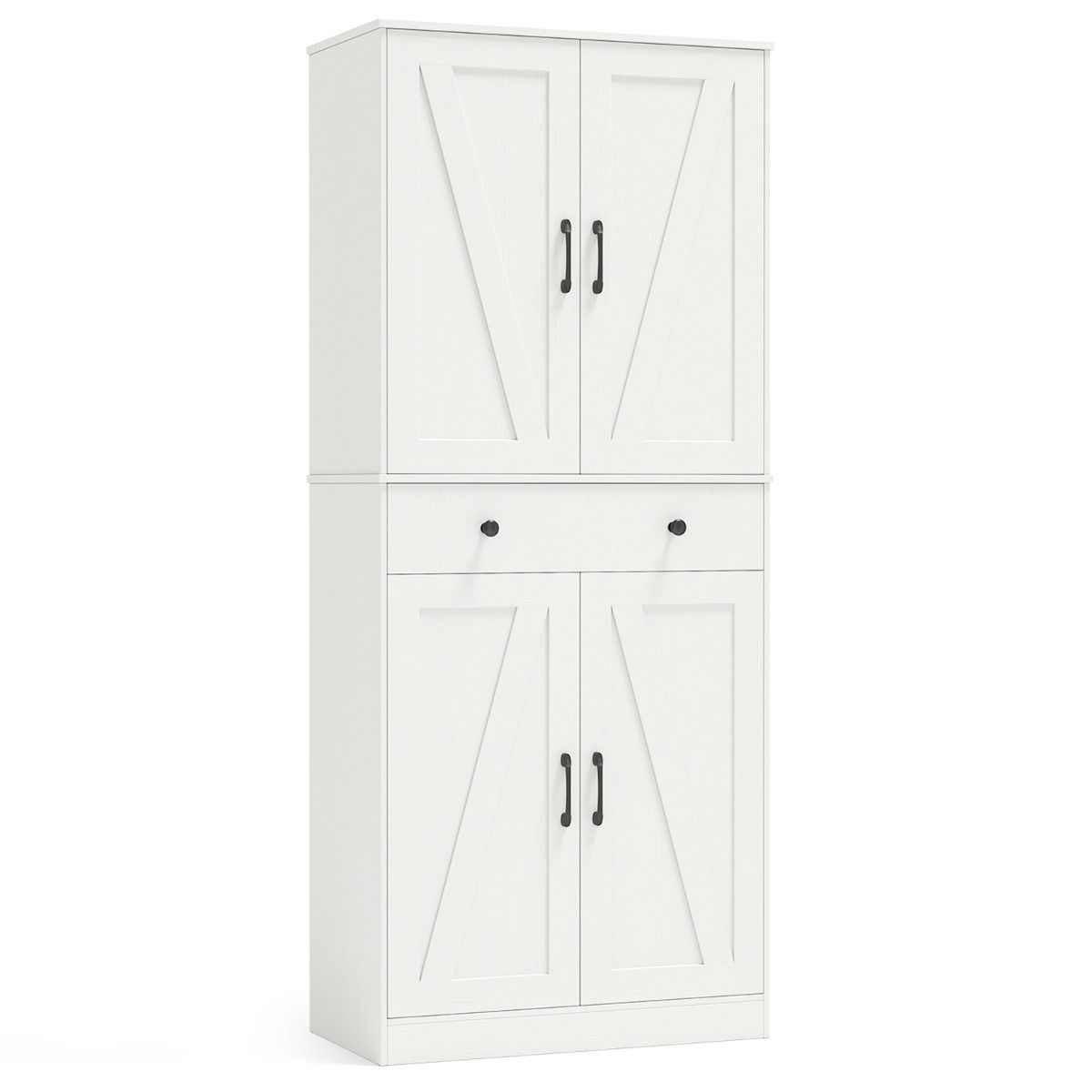 Coast Keukenkast 77x39x183 cm Wit – Moderne Boerderijstijl Kast met 4 Schuurdeuren, 3 Verstelbare Planken, Lade en Anti-Kantelsets