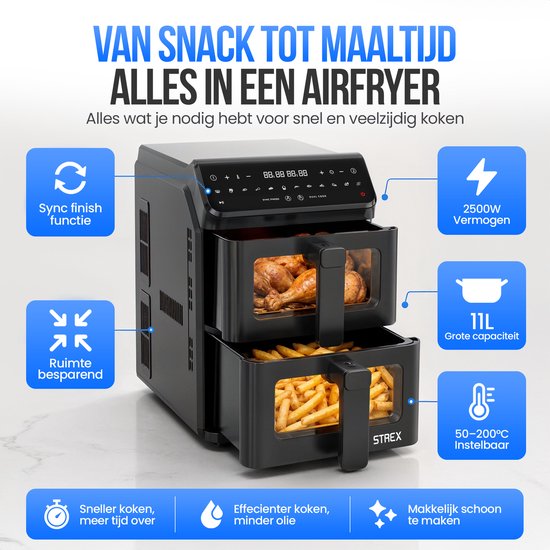 Strex Airfryer Dubbele Mand 11L XXL Heteluchtfriteuse 2500W - Airfryer 2 Manden - Dual Basket - 13 Kookprogramma's - Airfryer Verticaal Groot voor Gezin
