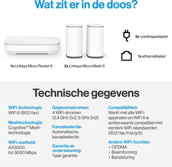 Linksys Velop Micro Mesh 6 - Router - WiFi 6 - Dual-band - Mesh WiFi - 3000 Mbps - 3-pack - Wit