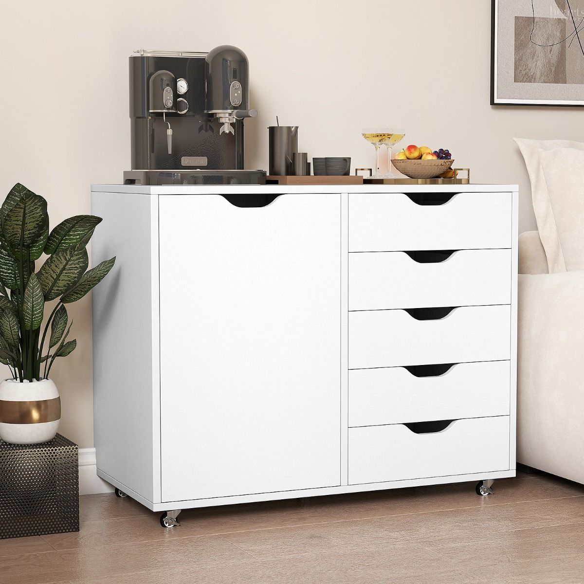 Coast Rolcontainer met 5 lades en deur - verstelbare plank - op wielen - wit 78 x 40 x 65 cm