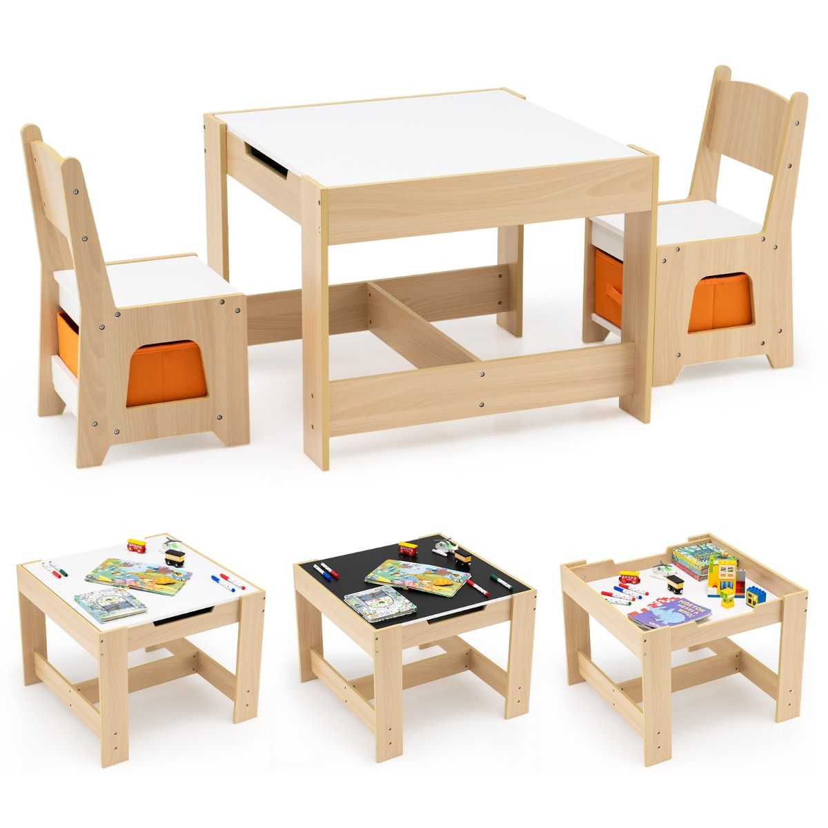 Coast Kindertafel en Stoelset - Houten activiteiten tafel - Dubbelzijdig blad - Naturel