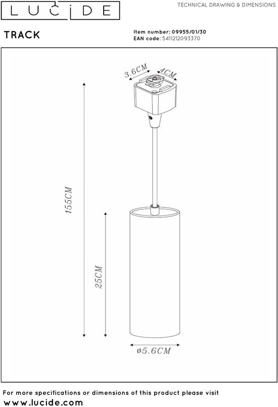 Lucide TRACK FLORIS Hanglamp - 1-fase Railsysteem / Railverlichting - 1xGU10 - Zwart (Uitbreiding)