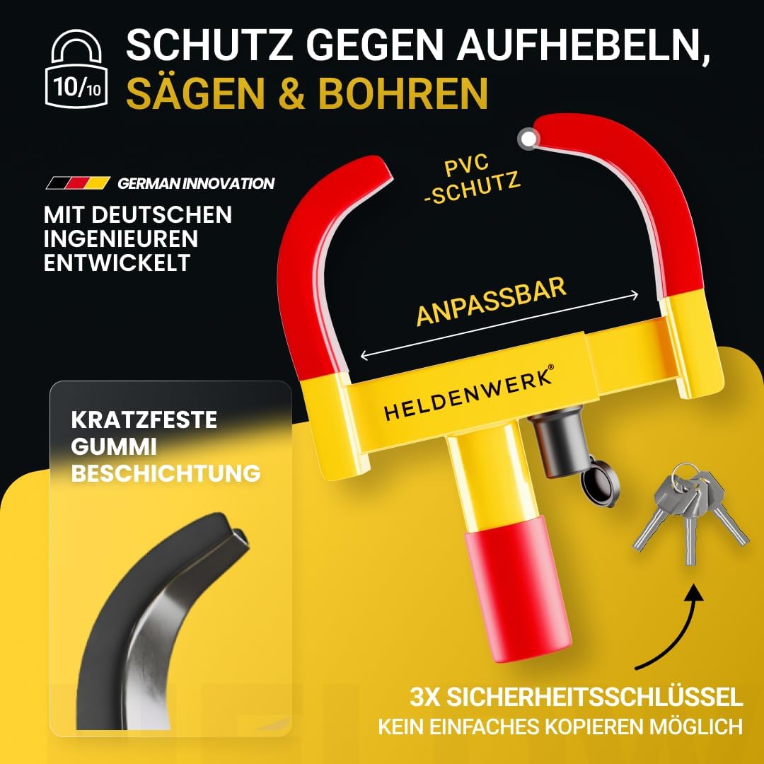 HELDENWERK – Parkklauw Wielklem met Veiligheidsslot – 48x25x7 cm – Voor 18-30 cm Bandbreedte met 3 Sleutels – Diefstalbeveiliging voor Camper & Auto – Geel & Rood Staal
