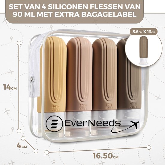 EverNeeds Reisflesjes Met Etui - Navulbaar - Siliconen Reisflesjes Handbagage - Licht Apricot - 4 Stuks