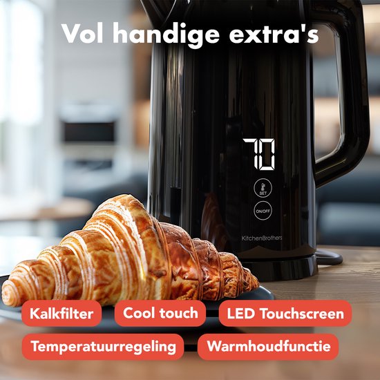 KitchenBrothers Waterkoker - Met Temperatuurregeling - Elektrisch - Kalkfilter - Warmhoudfunctie - Display - Dubbelwandig - Cool-touch - 1,7L - 2200W - Zwart
