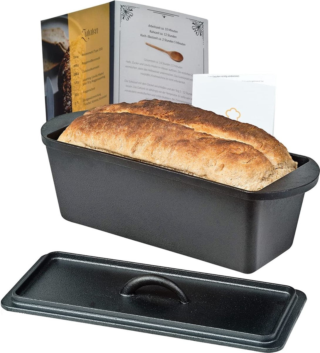Chefarone Gietijzeren Broodvorm – Broodbakvorm – Bakvorm - Cakevorm Rechthoek - Ambacht Brood Bakken uit eigen Oven– Inclusief Deksel, Spatel en Rijsmand - 35 x 13,5 x 12,5 cm