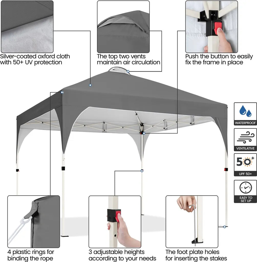 Yaheetech Pop-up Partytent - 3 x 3 m - In Hoogte Verstelbaar - Draagtas met Wielen - Donkergrijs