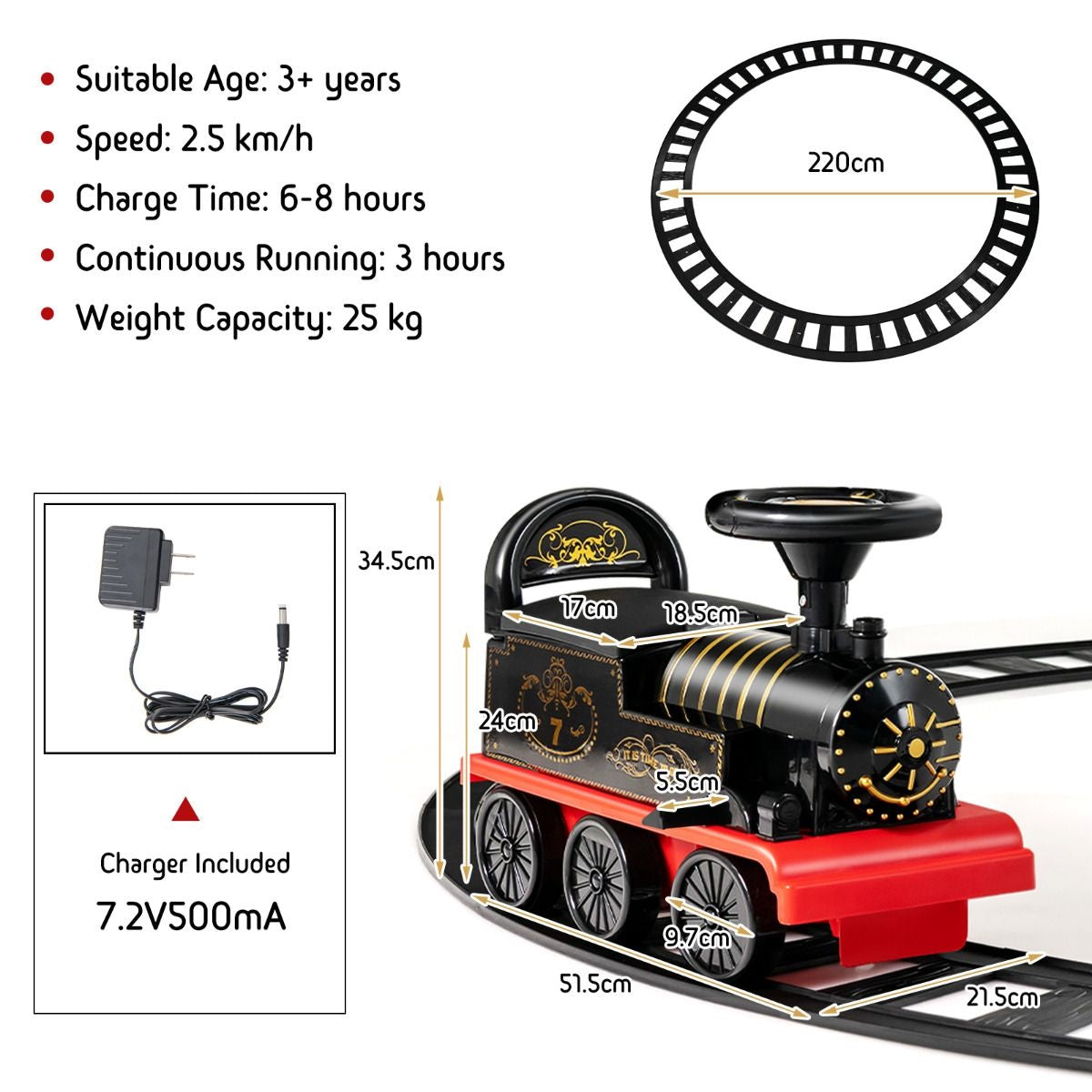 Coast 6V Electric Children's Pull om rechtop te zitten met 16 stuks rails voor kinderen van 3 jaar Schwarz