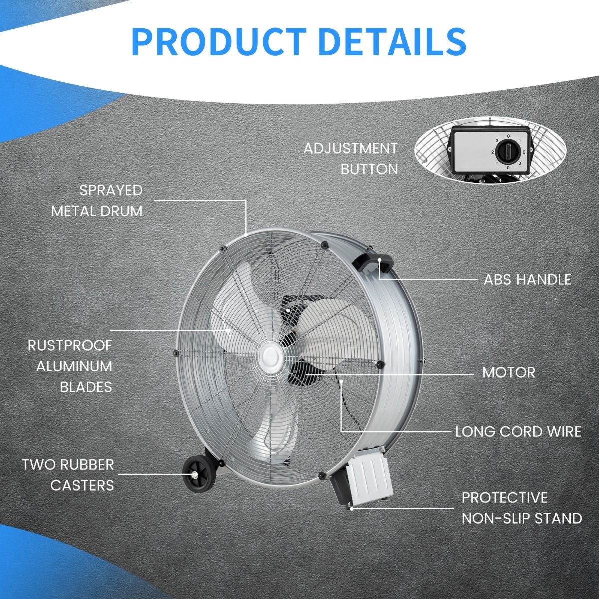 Coast Industriële Trommelventilator - 3 Snelheden, 180W, Max. 1300 CFM - 65 x 37 x 67 cm - Staal/Aluminium - Zilver
