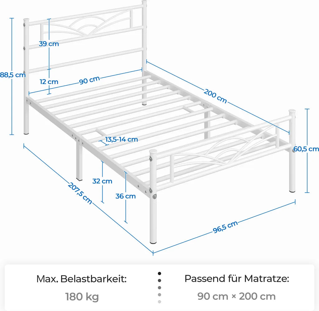 Yaheetech Metalen Bedframe Wit – 90 x 200 cm – Wolkenpatroon Hoofdbord – 207,5 x 96,5 x 88,5 cm