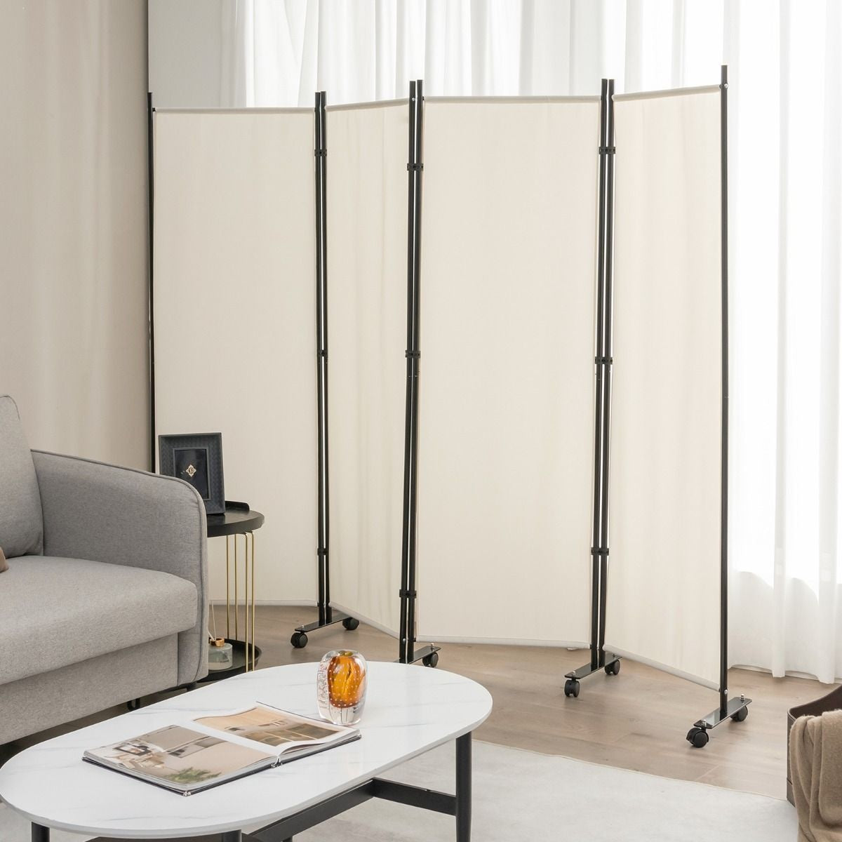 Coast scheidingswand - 4-delig - op wieltjes - opvouwbaar - 225 x 173 cm - wit