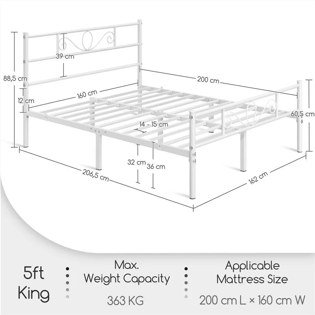 Yaheetech Metalen Bedframe 160 x 200 cm - Wit - Tweepersoonsbed met Lattenbodem