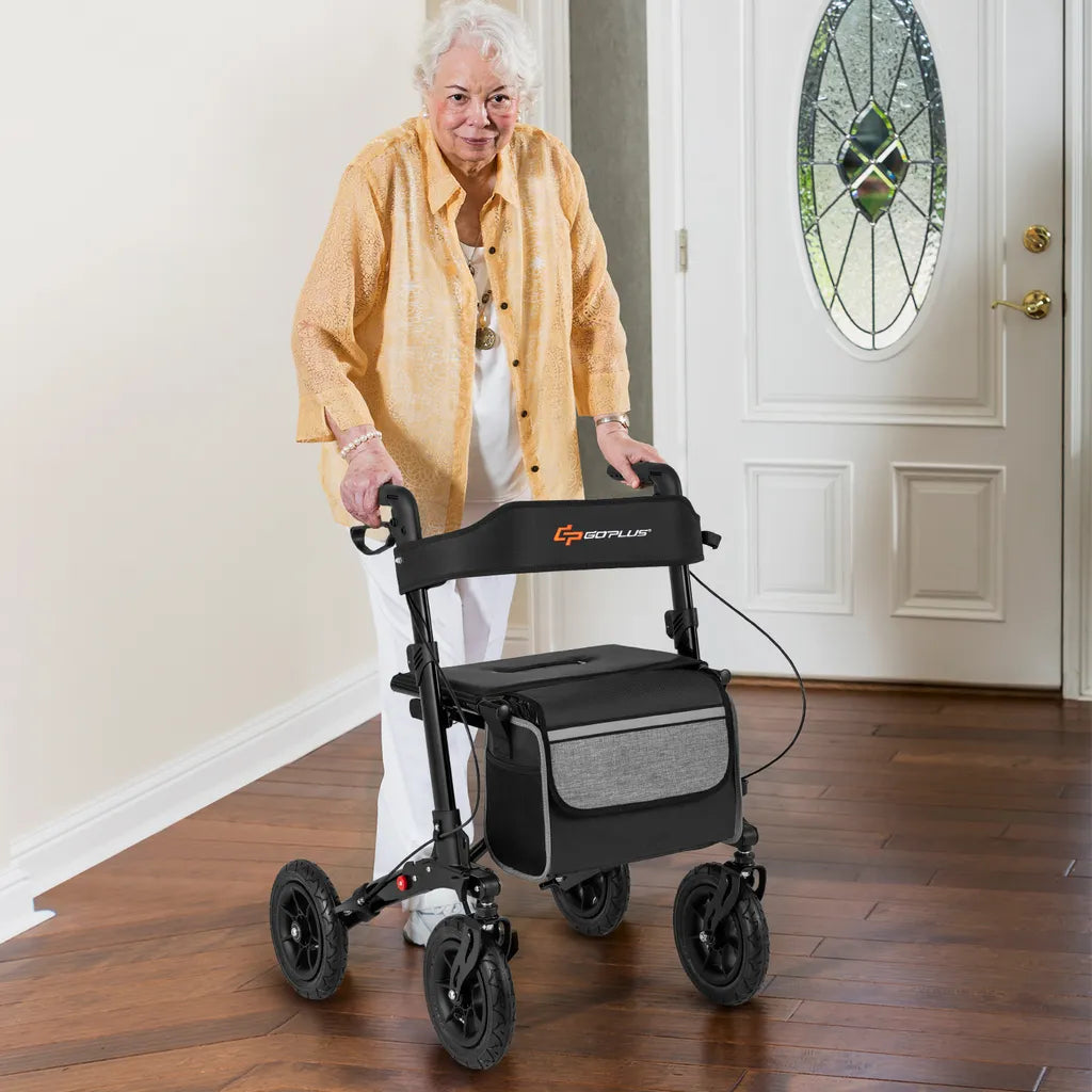 Coast Opvouwbare Rollator Zwart – 2-in-1 Reisrollator met Zitje en Luchtbanden – 62 x 82 x 81,5-97 cm