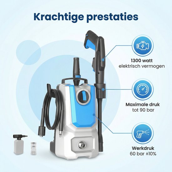Lugia Jet+ Hogedrukreiniger 1300W – 90 Bar – Compact & Krachtig – Inclusief Spuitpistool en Zeepfles – Voor Auto, Terras en Tuin