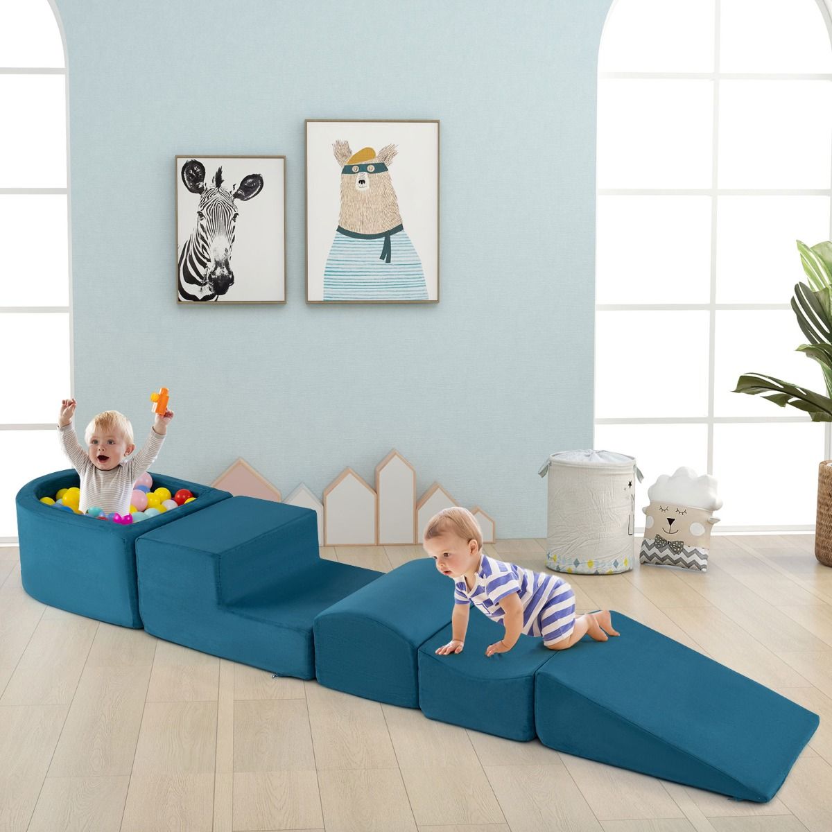 Coast Klim- en Kruipset - 5-delige zachte speelblokken met ballenbak - blauw