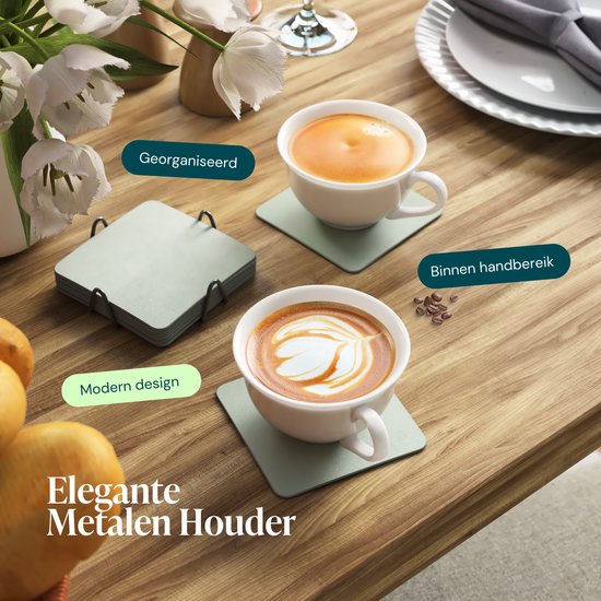 Castagnola Kunstlederen Onderzetters – Onderzetters voor Glazen – Design Onderzetters met Houder – Leren Onderzettersset met metalen houder – Leder – Set van 10 - Lichtgroen - 10x10cm