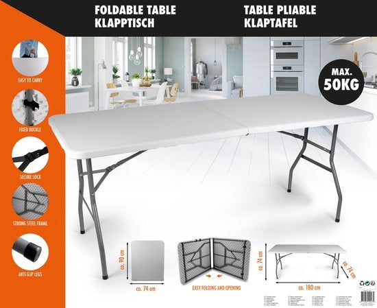 Campingtafel Inklapbaar - Tuintafel Kunststof - 180x74x74cm - tot 6 Personen - Wit