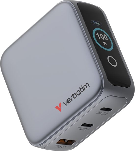 Verbatim Mini Gan-Oplader 100W 2Xusb-C 1Xusb-A Qc Voor Apple Macbook Iphone
