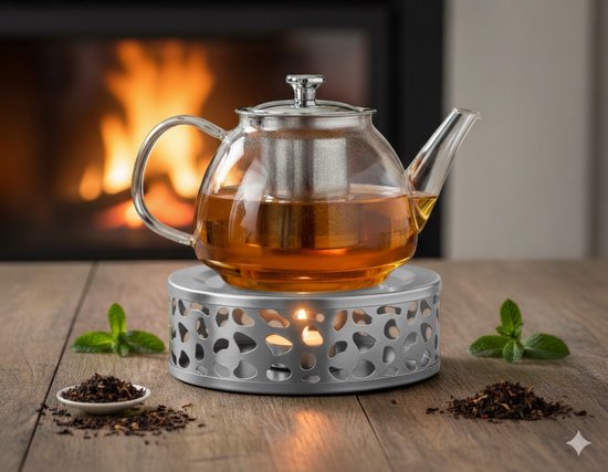 Vaja® Warmhoudplaat met Waxinelichtje voor Theepot - Warmhouder met Kaars - Theelichthouder - Thee Warmer Theelicht - Tea Maker - Verwarmer - Zilver
