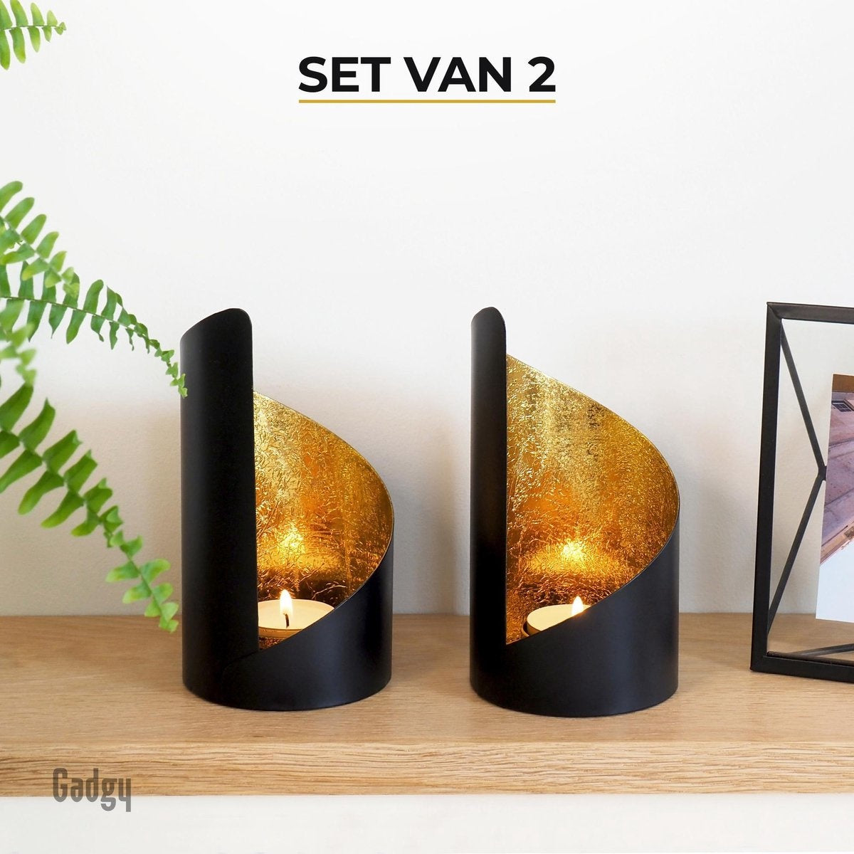 Gadgy Waxinelichthouder Twist - Set van 2 - 16 x Ø8.5 cm - Theelichthouders - Windlicht - Zwart / Goud - Metaal