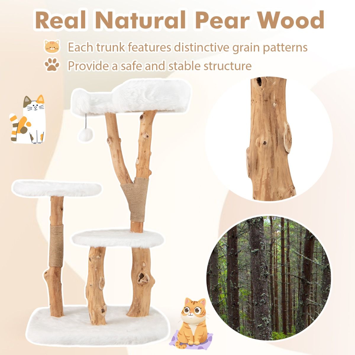 Coast Krabpaal voor katten - massief hout en jute - 4 niveaus - naturel en wit - 110 cm