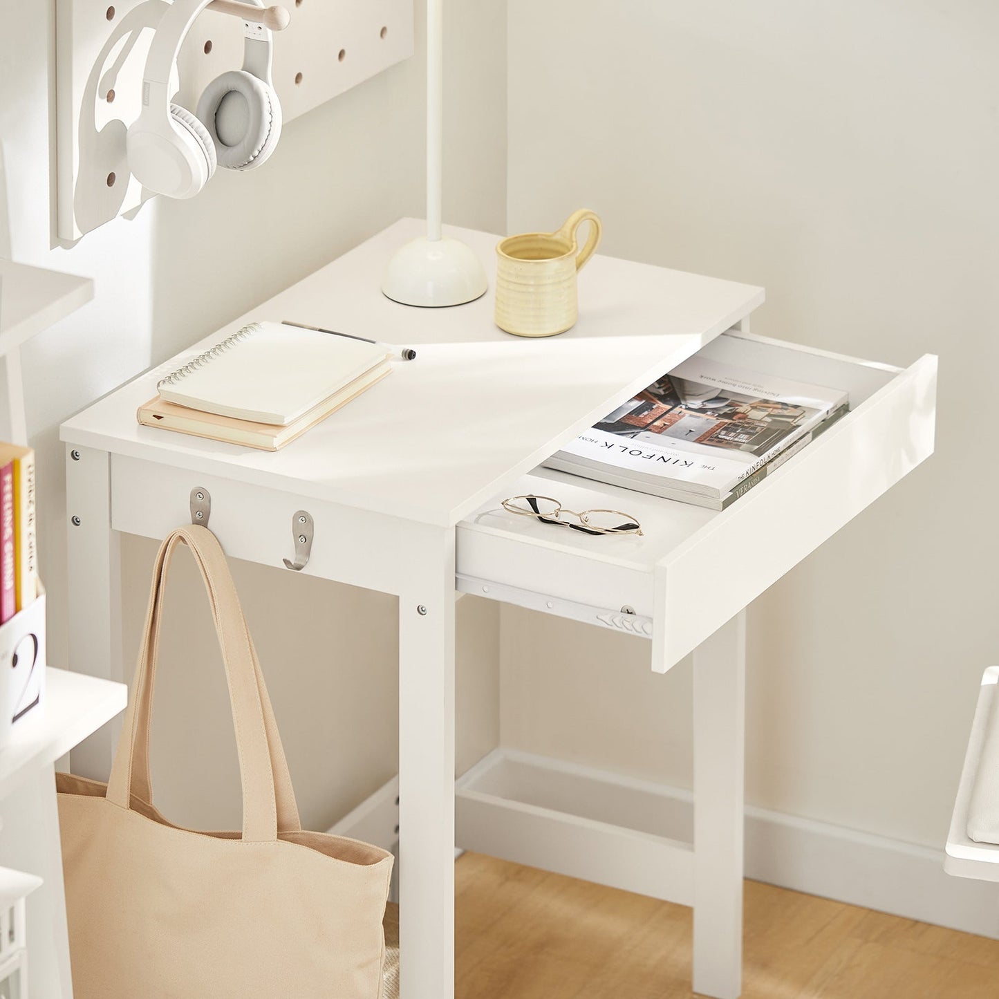 Laodikya Home bureau met een lade en 2 haken, computerbureau, Wit