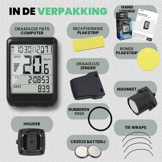 Strex Draadloze Fietscomputer - 17 Functies - Extra Groot Scherm - Draadloze Fiets Computer Draadloos Waterdicht - NL Handleiding