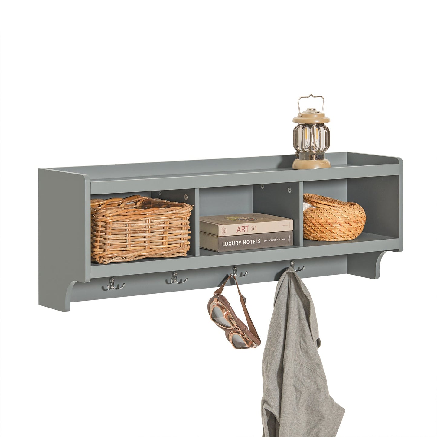 SoBuy Wandkapstok - 4 Dubbele Haken - 3 Open Vakken - 100 x 25 x 35 cm - Grijs