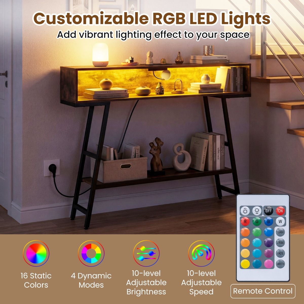 Coast Consoletafel met ledverlichting - oplaadstation - 3 niveaus - roestbruin en zwart - 100 x 20 x 86,5 cm