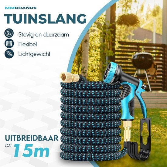 MM Brands Flexibele Tuinslang tot 15m - 10 sproeistanden - Zwart en Blauw