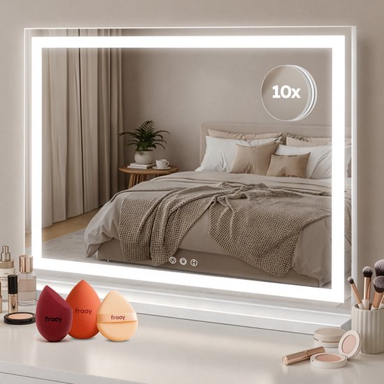 Fraay® Hollywood Spiegel met Verlichting 60x50cm - 3 Lichtstanden - Make Up Spiegel met 10x Vergrootspiegel - LED Strip Verlichting Dimbaar - Incl. 2 Beauty Blenders en Powder puff