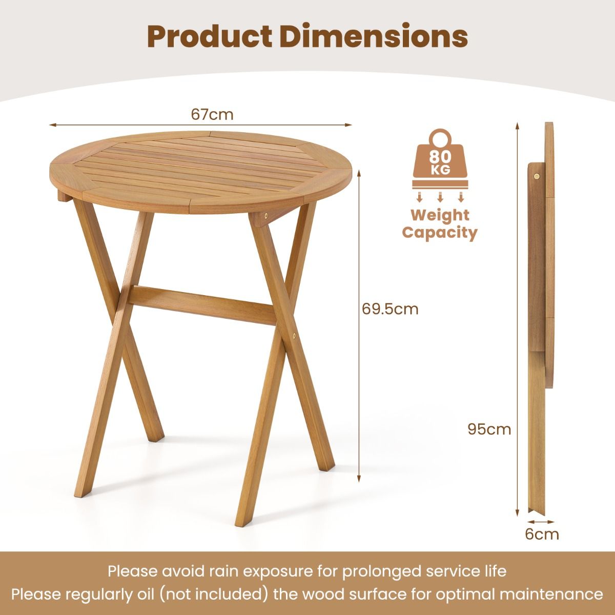 Coast ronde tuintafel - opvouwbaar - acaciahout - 67 cm - naturel