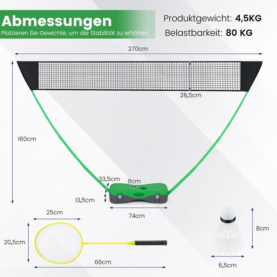 Coast Badmintonset – Incl. Net, Rackets & Shuttlecocks – 270 x 33.5 x 160 cm – Groen