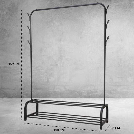 Brixy Kledingrek - Garderoberek - 102x34x152cm - Kledingrek Met Schoenenrek - Industrieel - Metaal - Zwart