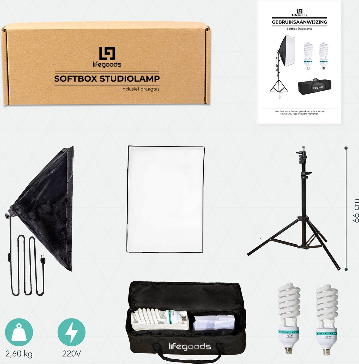 Auronic Softbox Studiolamp - Complete Set met Draagtas - 50x70 cm - Zwart