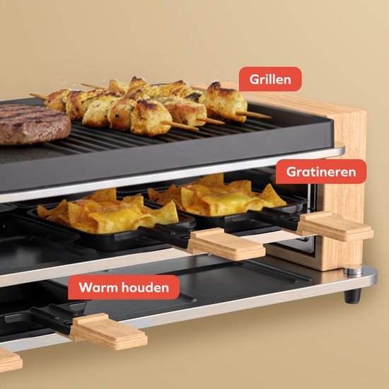 KitchenBrothers Gourmetstel - 950W - Gourmetplaat 8 Personen - Set met Pannetjes en Spatels - 46,5 x 23 cm - Hout/Zwart