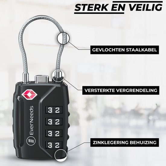 EverNeeds - TSA cijferslot - Zink - Zwart - 2 Stuks
