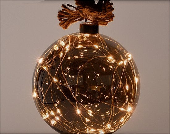 Glazen bal met 30 LED's - 15cm - jute touw 100cm