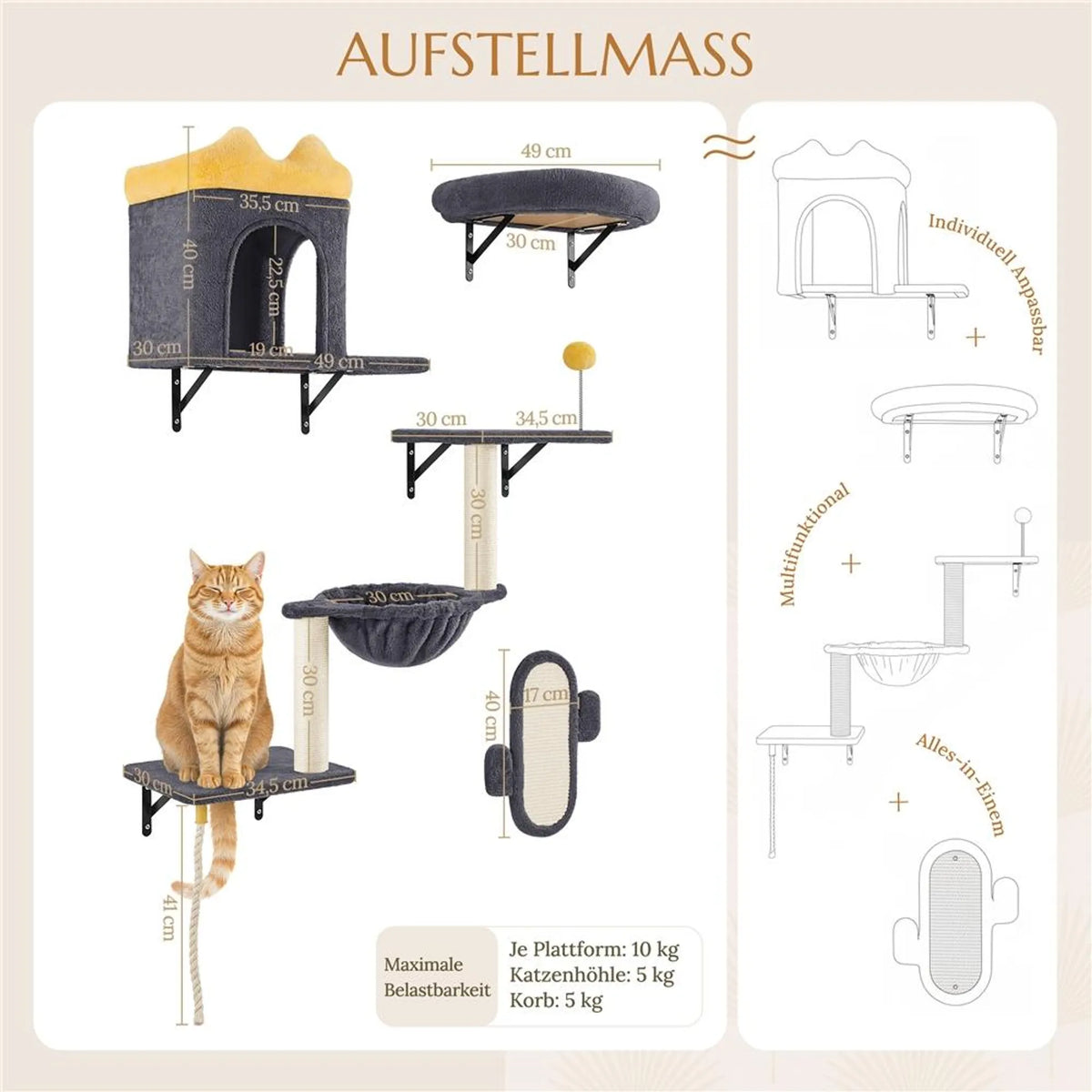 Yaheetech Kattenmeubels Voor Wandmontage Set – 49 x 30 x 40 cm – Voorzien Van Kattenhol En Ligmand En Sisal Krabpalen En Meerdere Platforms – Voor 1-5 Katten – Donkergrijs Pluche En Metaal
