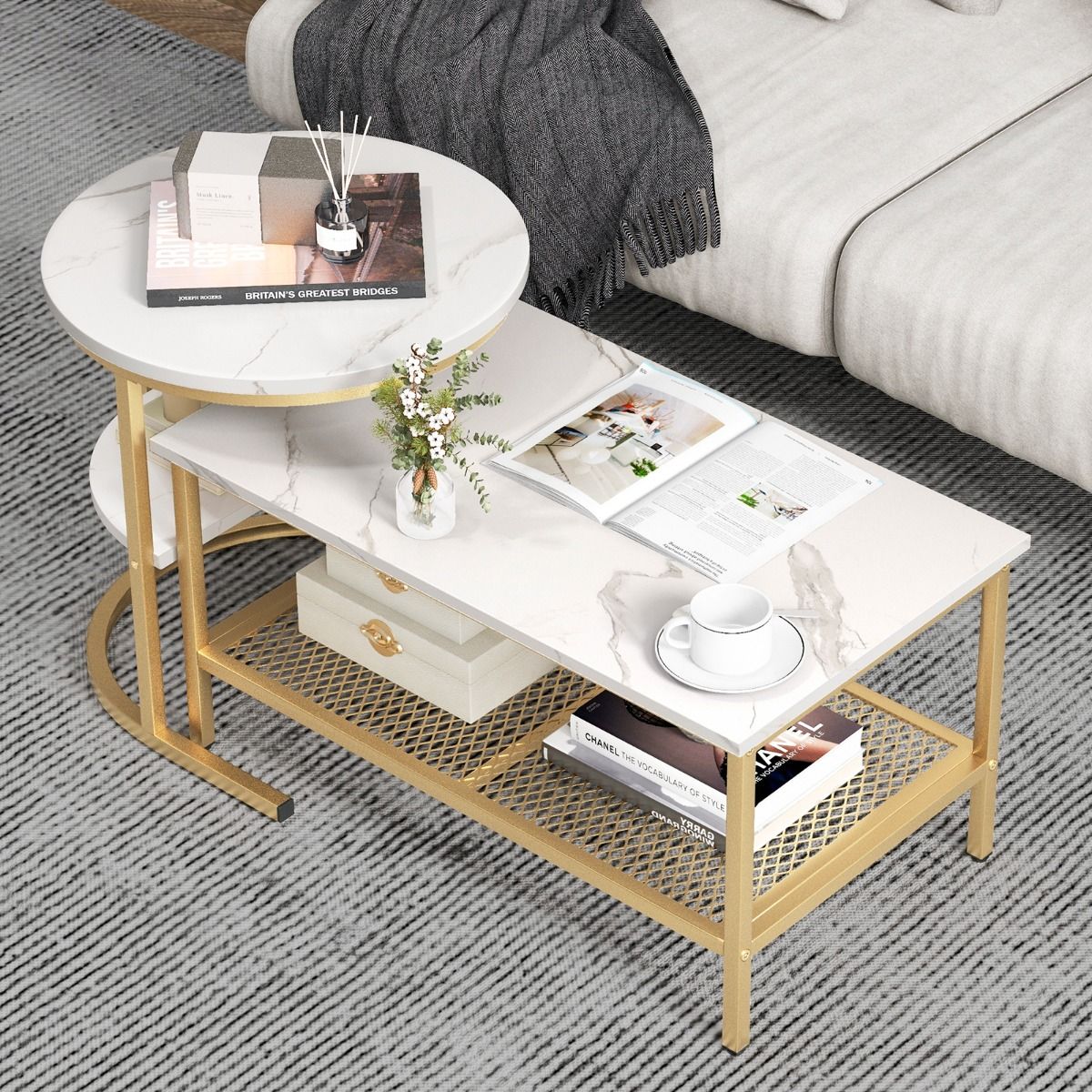 Coast Set van 2 Bijzettafels - Marmerlook tafelblad - Gouden metalen frame - Rond en rechthoekig