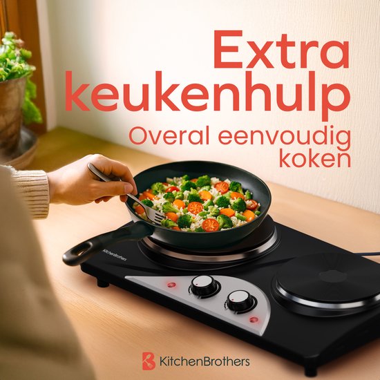 KitchenBrothers Elektrische Kookplaat - 2 Pits - Vrijstaand - 7 temperatuurstanden - 1500W + 1000W - Zwart