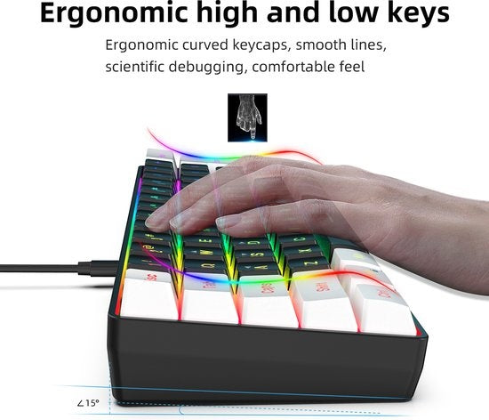 HXSJ V700 RGB Compact Gaming Toetsenbord Qwerty 61 toetsen met achtergrondverlichting Zwart/Wit