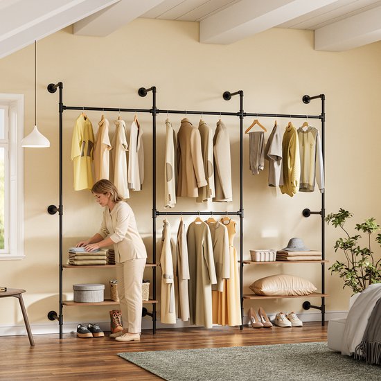 SoBuy wandgemonteerde kledingstang met 4 hangstangen en 4 MDF-planken, open kledingkast, draagvermogen 120 kg voor slaapkamer, 265x48x220 cm, industrieel zwart KLS19-SCH