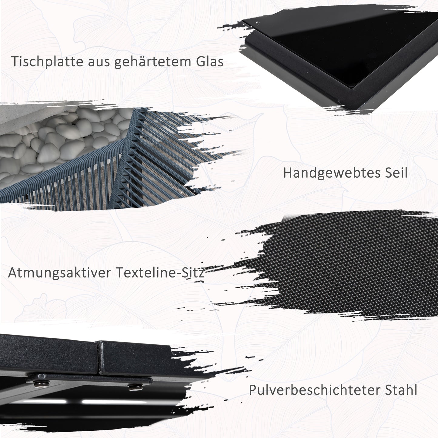 Outsunny 5-delige Tuinmeubelset voor 4 Personen - Tafel 120 x 120 x 72 cm - 4 Opvouwbare Stoelen - Gehard Glas - Donkergrijs